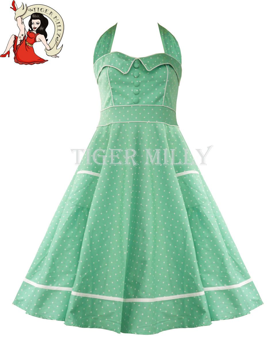 HELL BUNNY 50s OLIVIE DRESS polka MINT GREEN swing rockabilly SIZE 8 