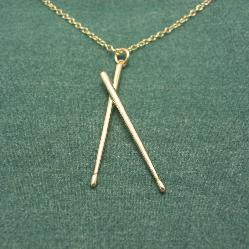   Gold Drum Sticks Pendant Charm with Gold Necklace Chain Premier gift