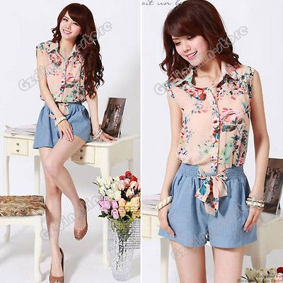 Womens Floral Print Summer Chiffon Casual Tops Short Romper Jumpsuit S 