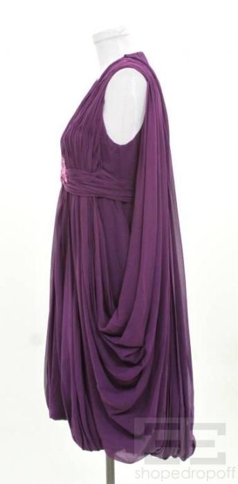 Reem Acra New York Purple Gathered Chiffon Jeweled V Neck Dress