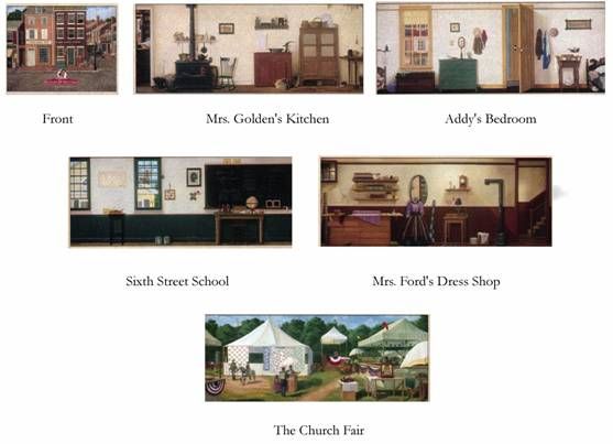 Addys scenes include her bedroom, Mrs. Fords dress shop, Mrs 