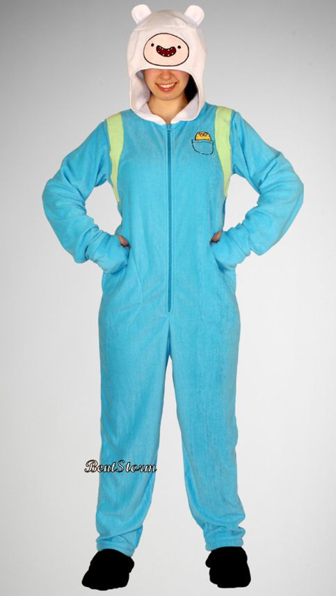 New Adventure Time Finn Adult Costume PJs Pajamas Hood Mask Hat 