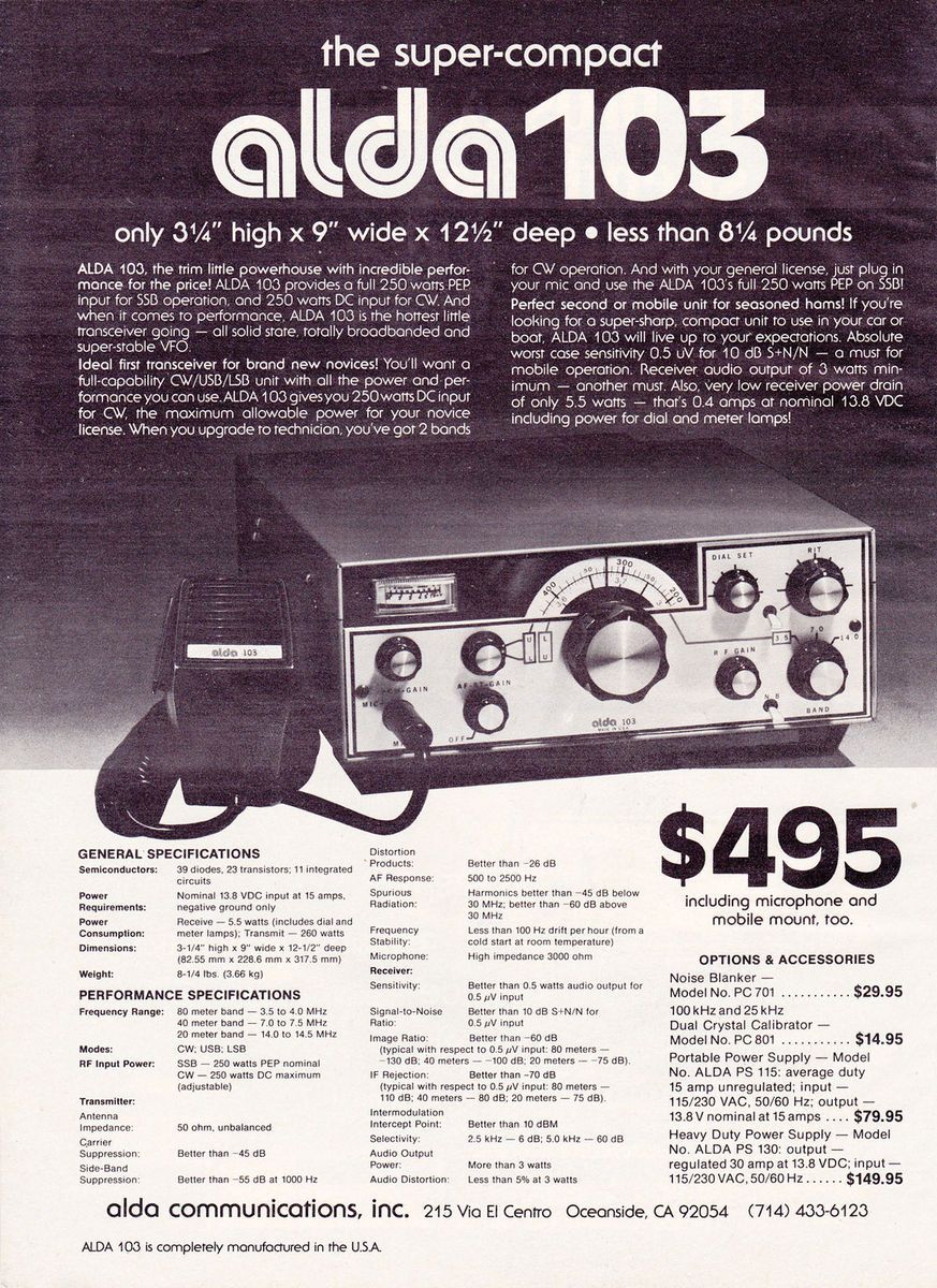 ALDA COMUNICATIONS ALDA 103 TRANSCEIVER * ORIGINAL PRINT AD *