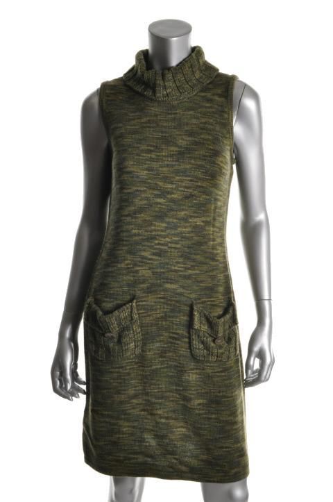 Calvin Klein Green Marled Sleeveless Turtleneck Knee Length 