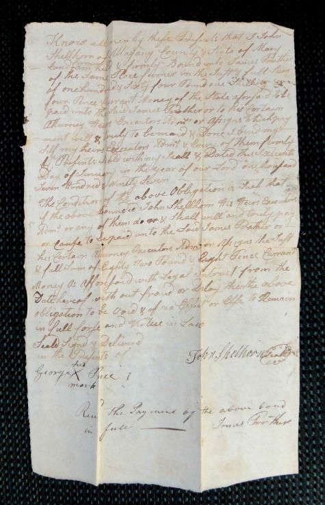   Handwritten Bond Document Allegany MD Prather Shellhorn Rev War