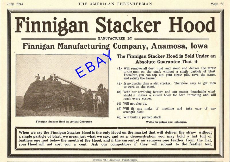 1913 Finnigan Thresher Stacker Hood Ad Anamosa Iowa