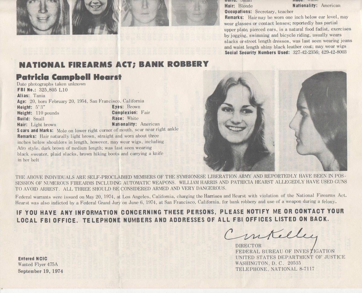 Original FBI Wanted Poster Patty Hearst William Emily Harris SLA