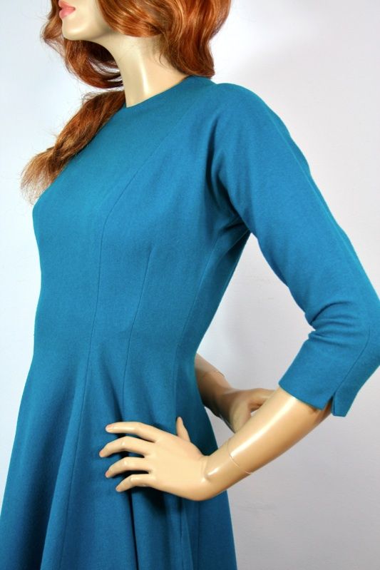 Vtg 1950s Turquoise Wool Anne Fogarty Classy Fit Flare Full Sweep 