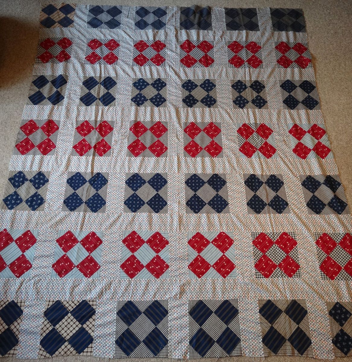 Antique 1800s Quilt Top 71 x 84 Calico Indigo Blue Feedsack Turkey 