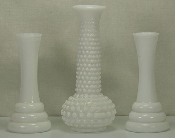 VINTAGE LOT OF THREE 1950s ERA MILK GLASS VASES, 1 E.O. BRODY HOBNAIL 