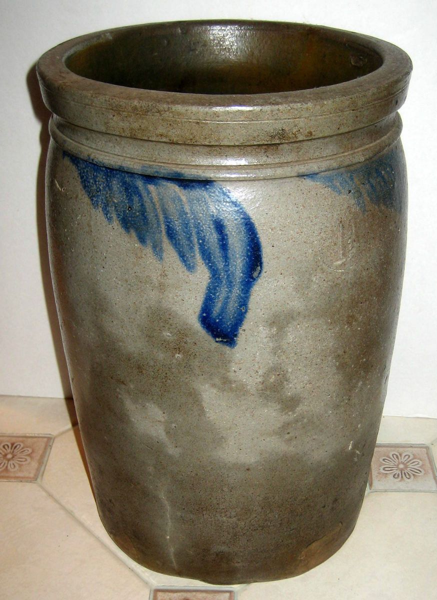 ANTIQUE STONEWARE CROCK SALT GLAZE COBALT FEATHER STRASBURG 