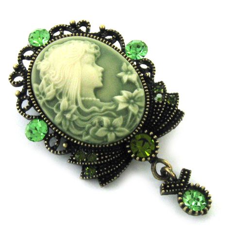 Antique Design Green Emerald Cameo Pin Brooch Pendant