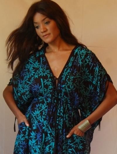 Z814S BLACK BLUE/DRESS CAFTAN PLUS 3X 4X 5X RUCHING ASYM TIES 