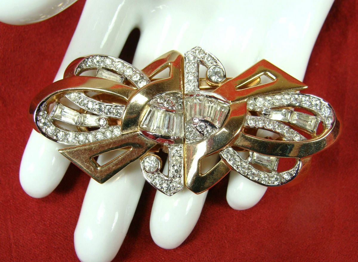 Vintage Mazer Art Deco Patd Duette Baguette Rhinestone Brooch Pin 