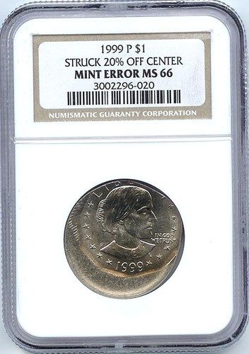 1999 P Susan B. Anthony Dollar Mint Error NGC MS 66 Struck 20% Off 