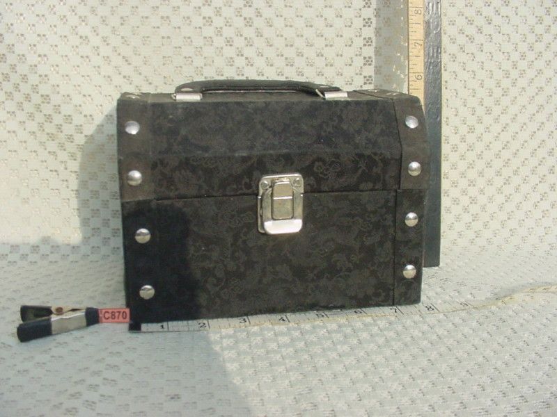 Black Satin Brocade Covered Treasure Chest Box with Handle Mirror 