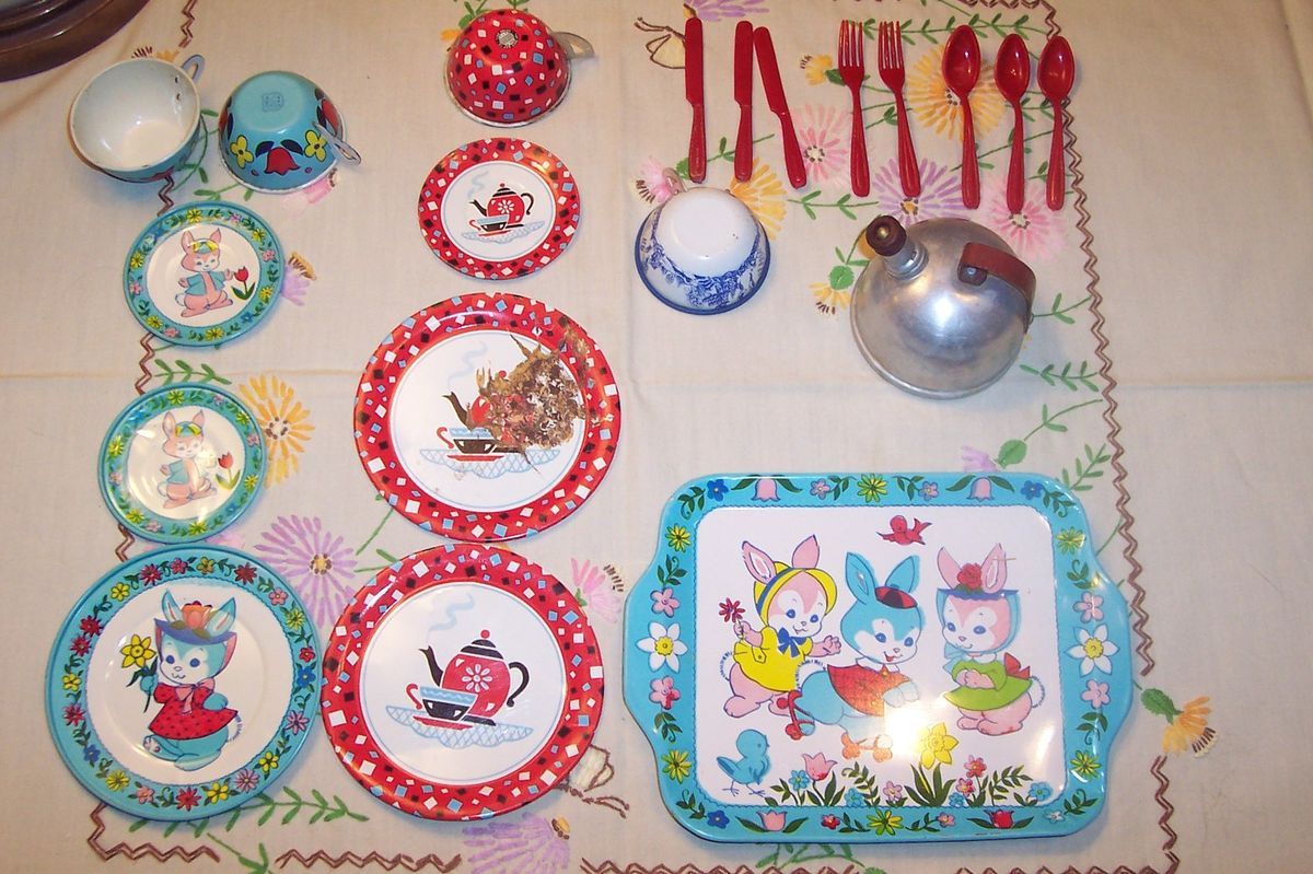 Assorted Tin Metal Childs Tea Set Pieces Tea Pot and Plastic Utensils 