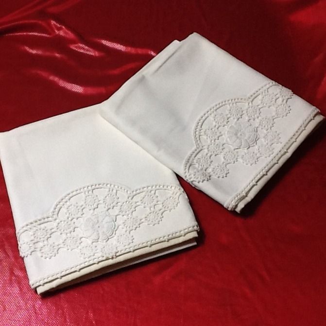 Vintage White Pillowcases with Crocheted White Flower Trim