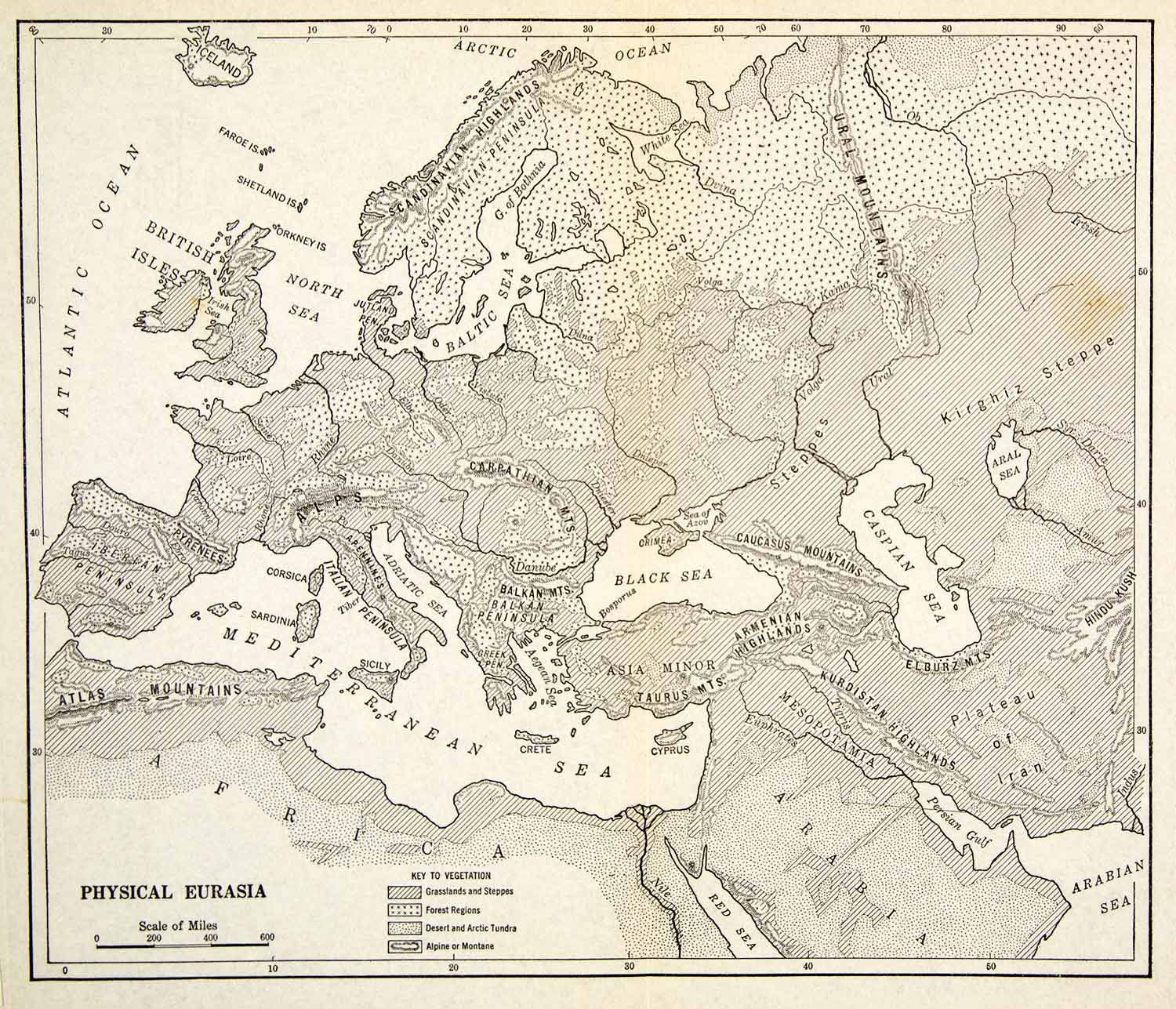   Antique Topographical Map Eurasia Topography Europe Asia Forests