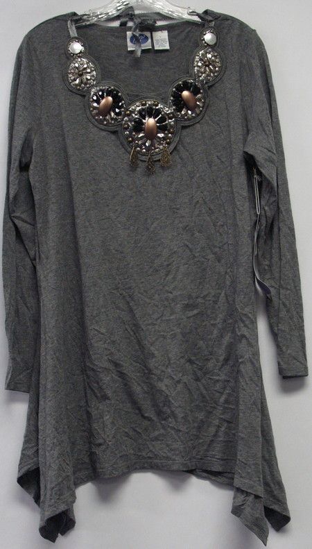 DG2 Scarf Hem Tee Top w Bib Necklace Gray Size XL New