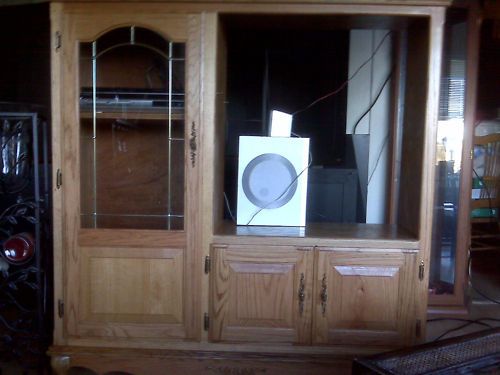 Ashley Light Oak Entertainment Center with Leaded Glass