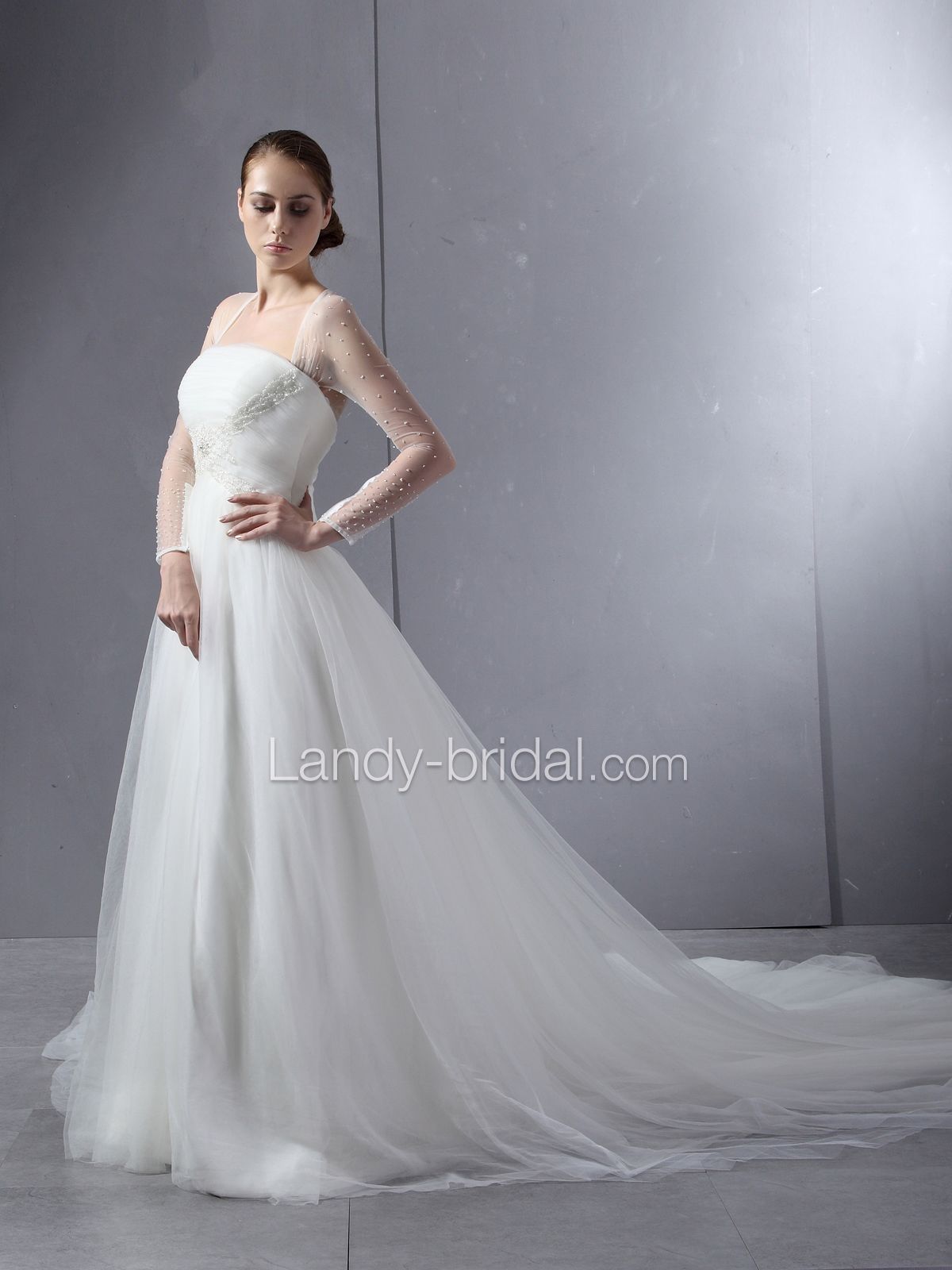 Landybridal Ivory Tulle Beads Wedding Dresses Bridal Gowns Size 