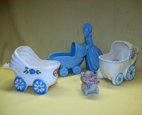 Ceramic Baby Carriage Pram Figurine Cat Basket Planter