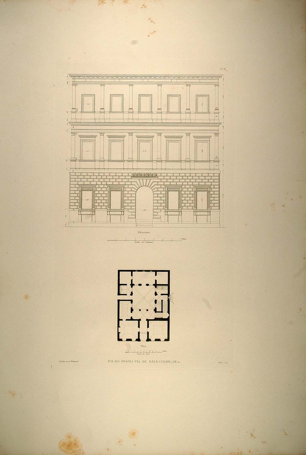 1860 Engraving Palazzo Ossoli Palace Rome Letarouilly   ORIGINAL