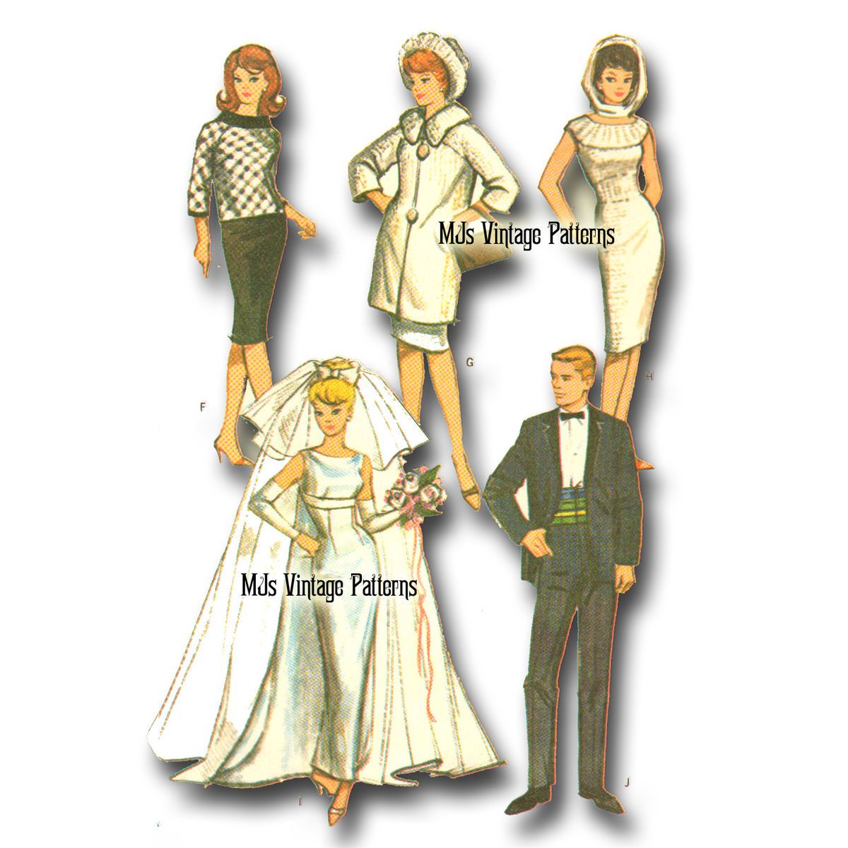 Barbie Ken Vtg 60s Doll Clothes Pattern Wedding Dress Tux Huge 