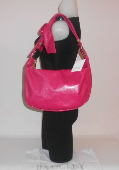 New Badgley Mischka Handbag Carina Fuschia Pink Glazed Leather Hobo 