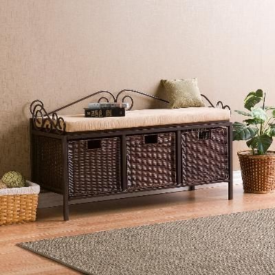 Tuscan Iron and Wood 3 Basket Storage Bench Hall Bench