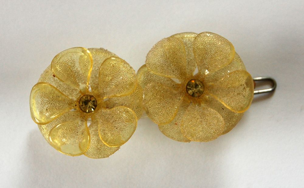   Jonquil Yellow Rhinestone Plastic Flower Barrette Deadstock 50s