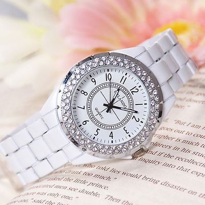 White New Men mens Women GIFT Fashion Crystal Case Steel Band Quartz 