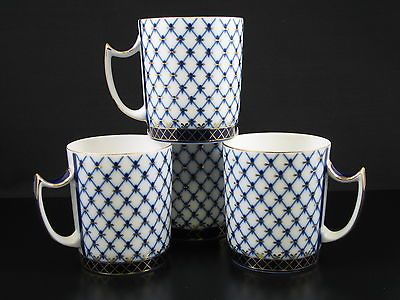 LOMONOSOV DESIGN 4 MUGS COBALT NET TEA/COFFEE 22k GOLD ACCENTS FINE 