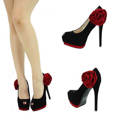 BLK PEEP TOE RED FLOWER ROSE HIGH HEEL PLATFORM STILETTO WOMENS PUMP 