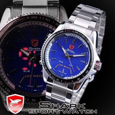 NCN FASHION SHARK LED DIGITAL DATE DAY ALARM MEN BLUE QUARTZ SPORT 