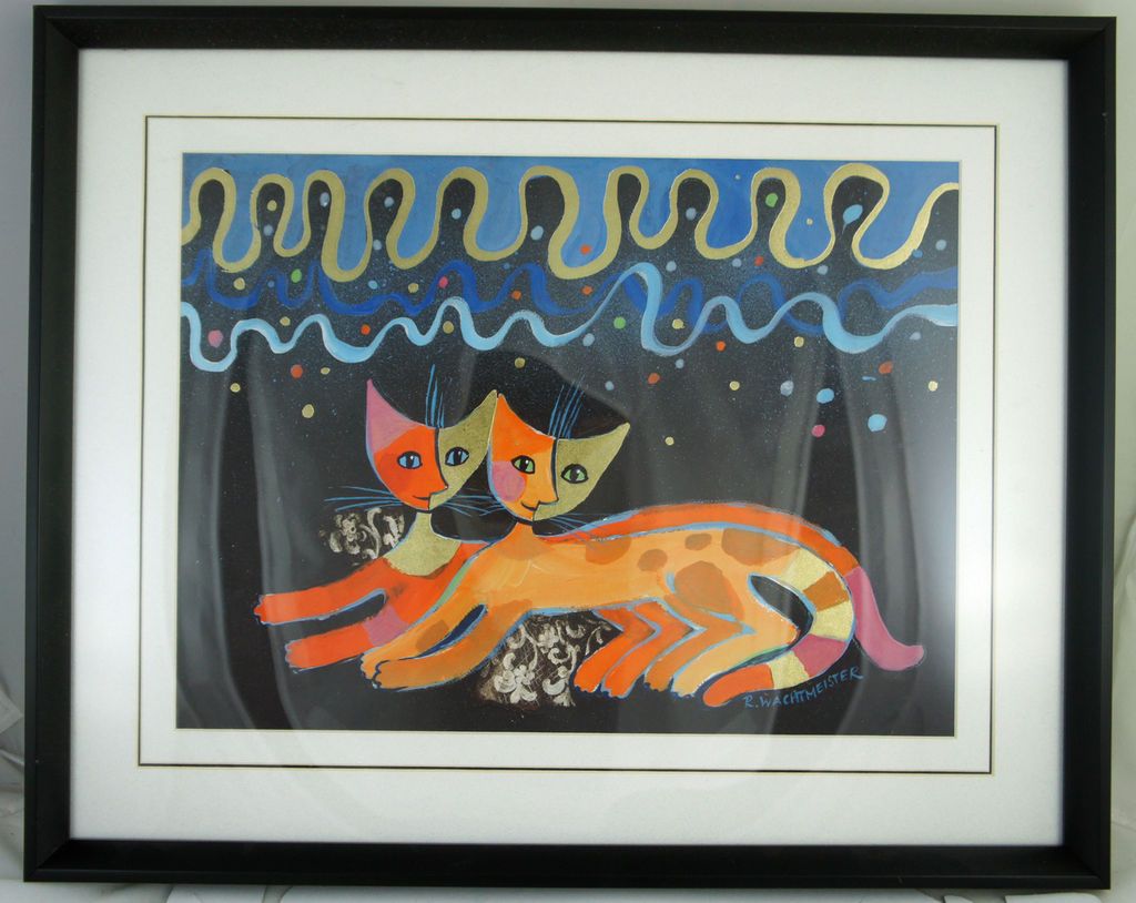 ROSINA WACHTMEISTER CAT PRINT FRAMED USA MADE,GOLD,ORANGE,PINK 2 HAPPY 