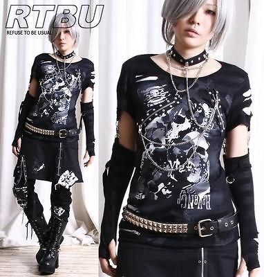 Gothic Punk Skinny Double Layer Smoky Jersey Tee+Choker+Thumb Hole Arm 