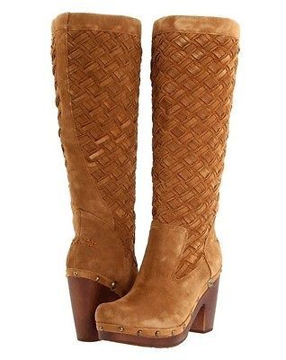 375.00 UGG ARROYO WEAVE WOMENS DARK CHESTNUT SUEDE CLOG TALL BOOTS