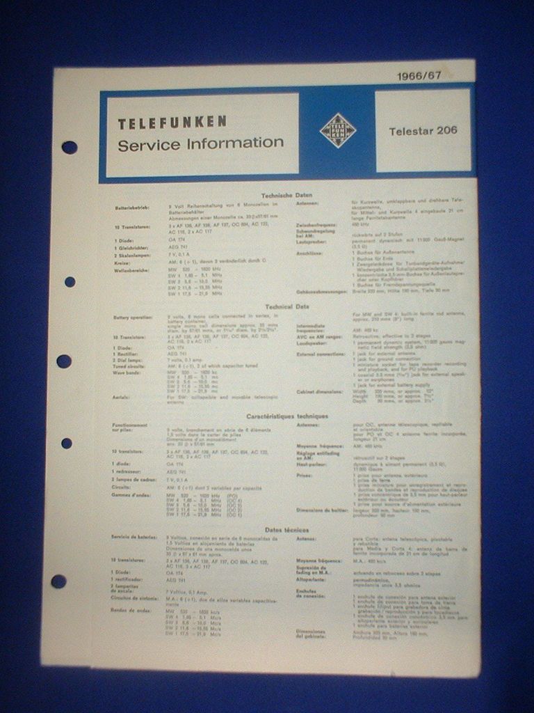 TELEFUNKEN TELESTAR 206 RADIO SERVICE MANUAL ORIGINAL ENGLISH GERMAN 