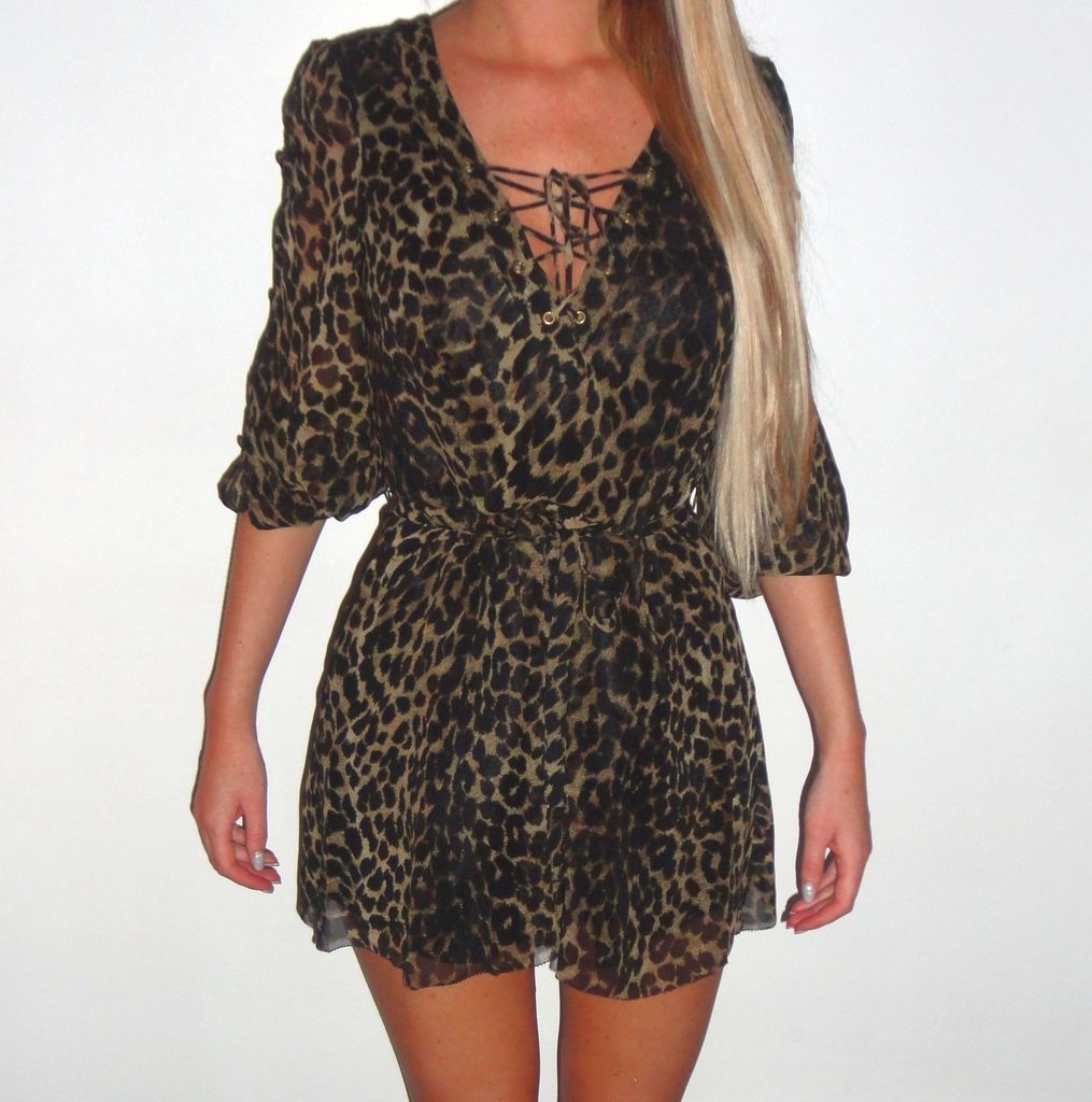 house of dereon leopard v neck lace up dress