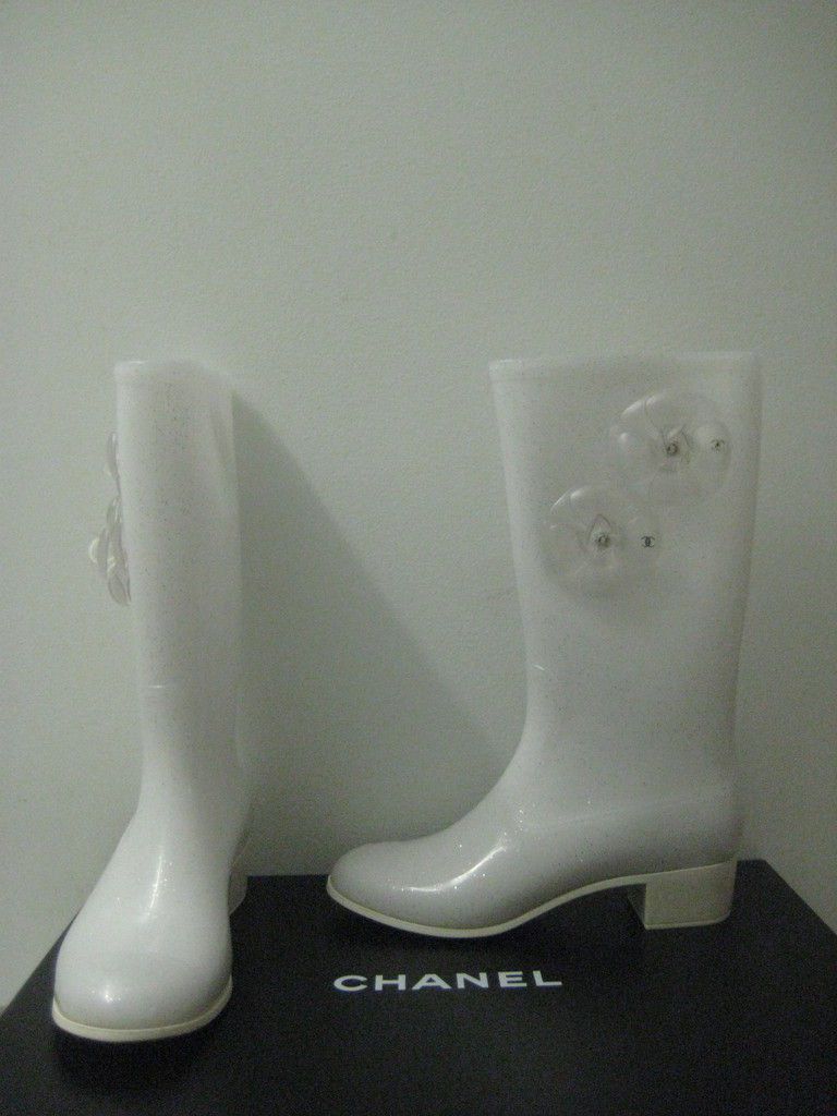 nib chanel white sparkle rubber high rainboots 9 39