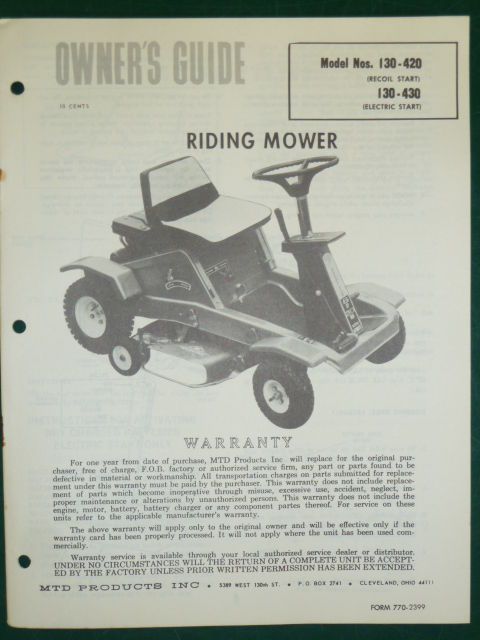 VINTAGE MTD RIDING MOWER OWNERS MANUAL PARTS LIST MODEL # 130 420 130 