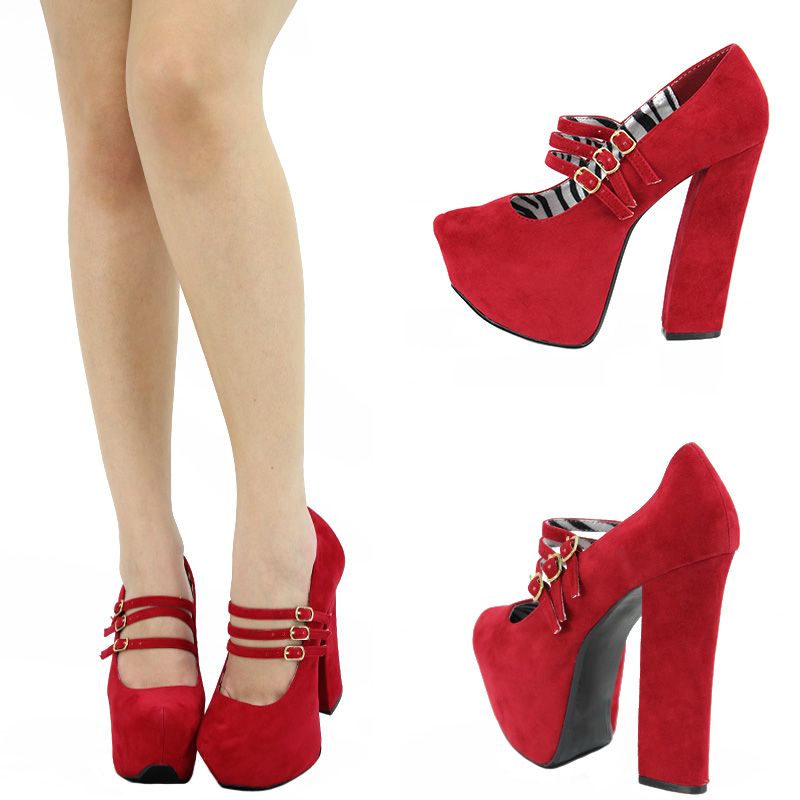 Red Almond Toe Chunky Thick Sky High Heel Platform Maryjane Stiletto 