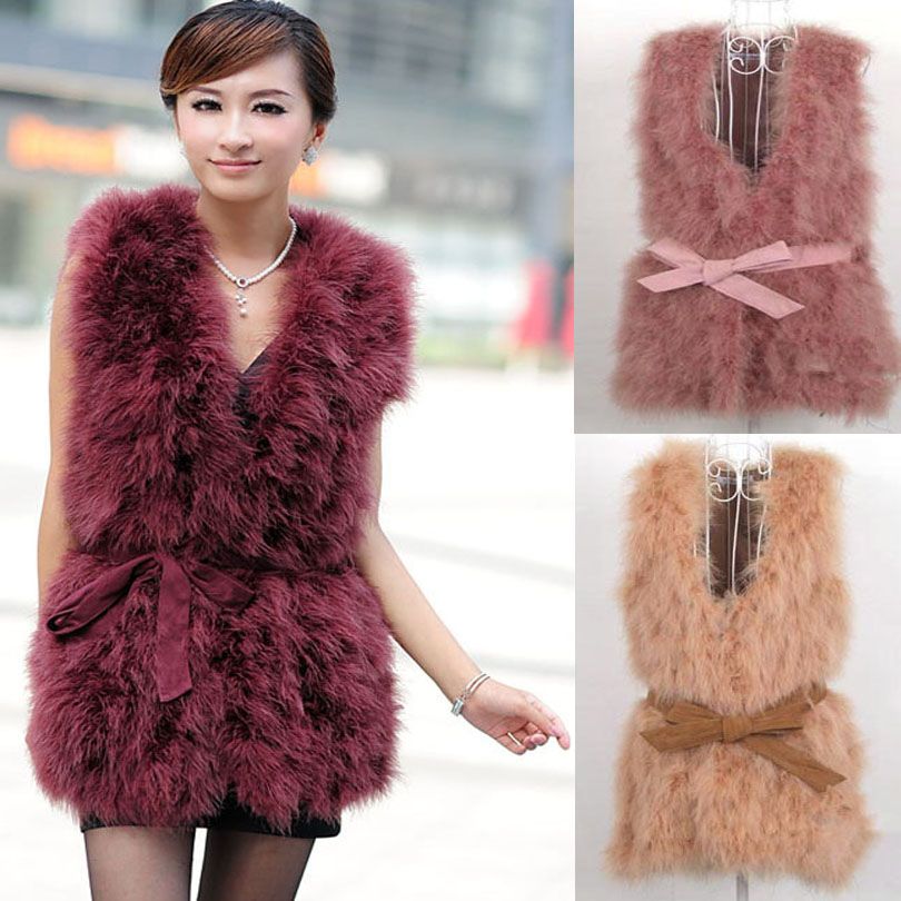 Womens Real Ostrich Fur Sleeveless Winter Warm Long Vest gilet 
