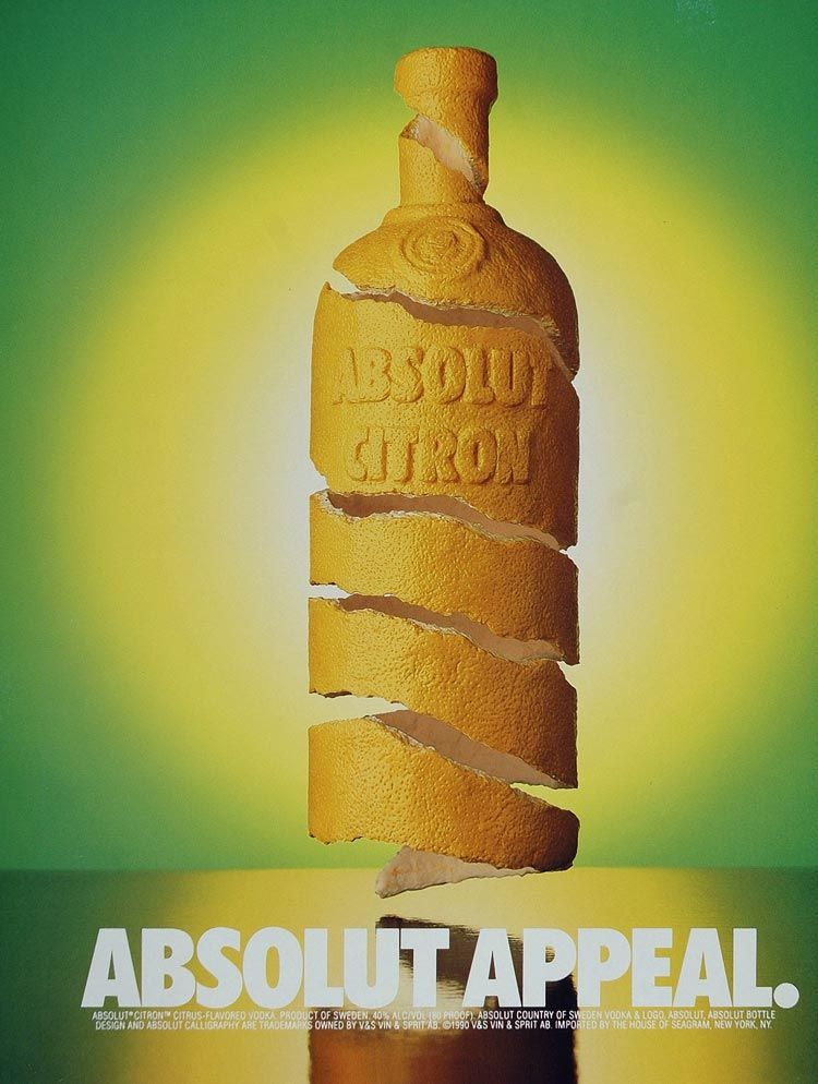 1990 Ad Absolut Appeal Citron Vodka Bottle Lemon Peel Original 