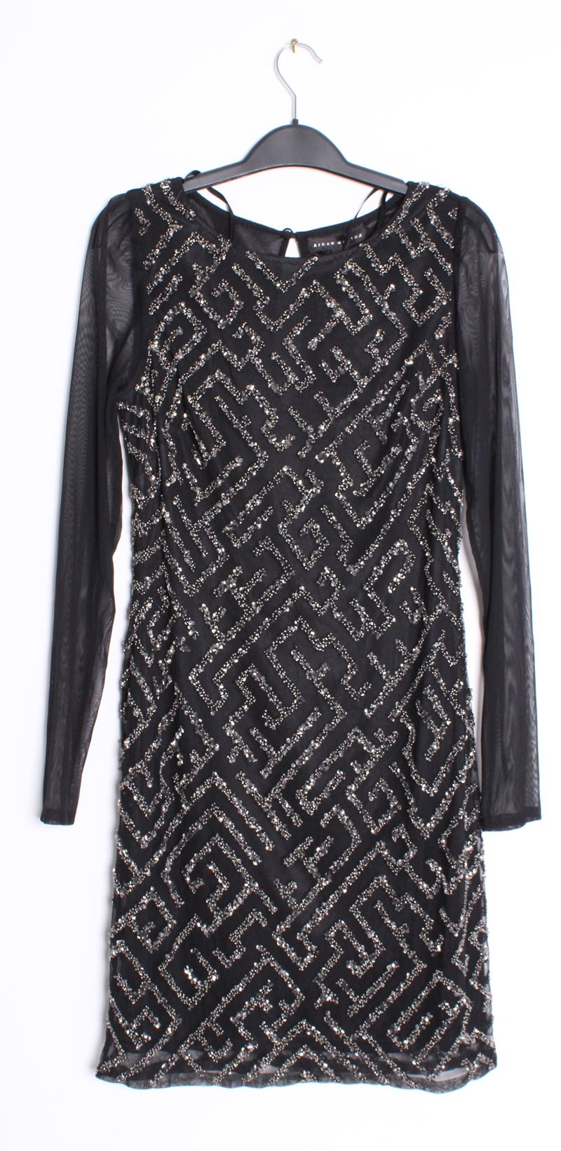 Aidan Mattox Beaded Sheer Long Sleeve Black LBD Boatneck Mini Dress 