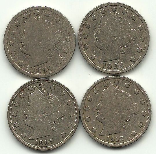 Four Different Liberty Nickels 1899 1904 1907 1912