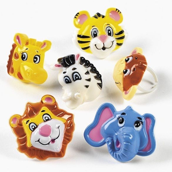 12 Zoo Animal Rings Safari Party Favors Cupcake Toppers Tiger Zebra 