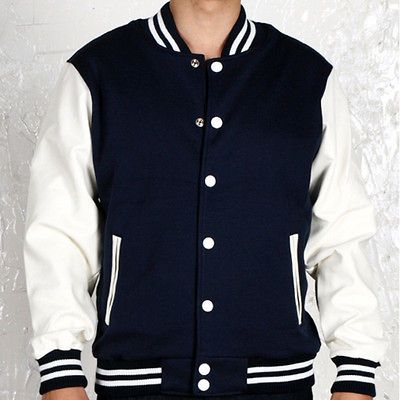 NWT Varsity Letterman College Baseball COTTON & LEATHER JACKET NAVY 